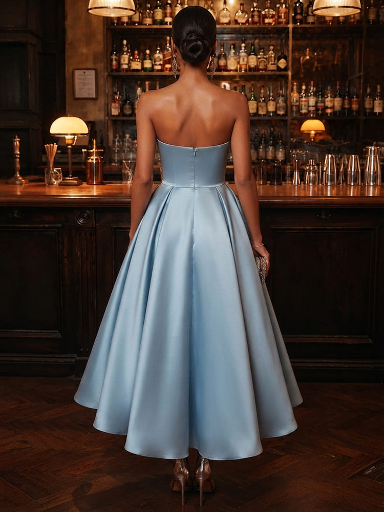 Satin A-Line Strapless Cocktail Dresses with Delicate Pleated