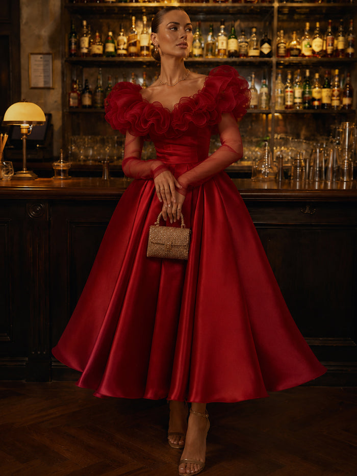 Satin A-Line U-Neck Cocktail Dresses with Ruffles