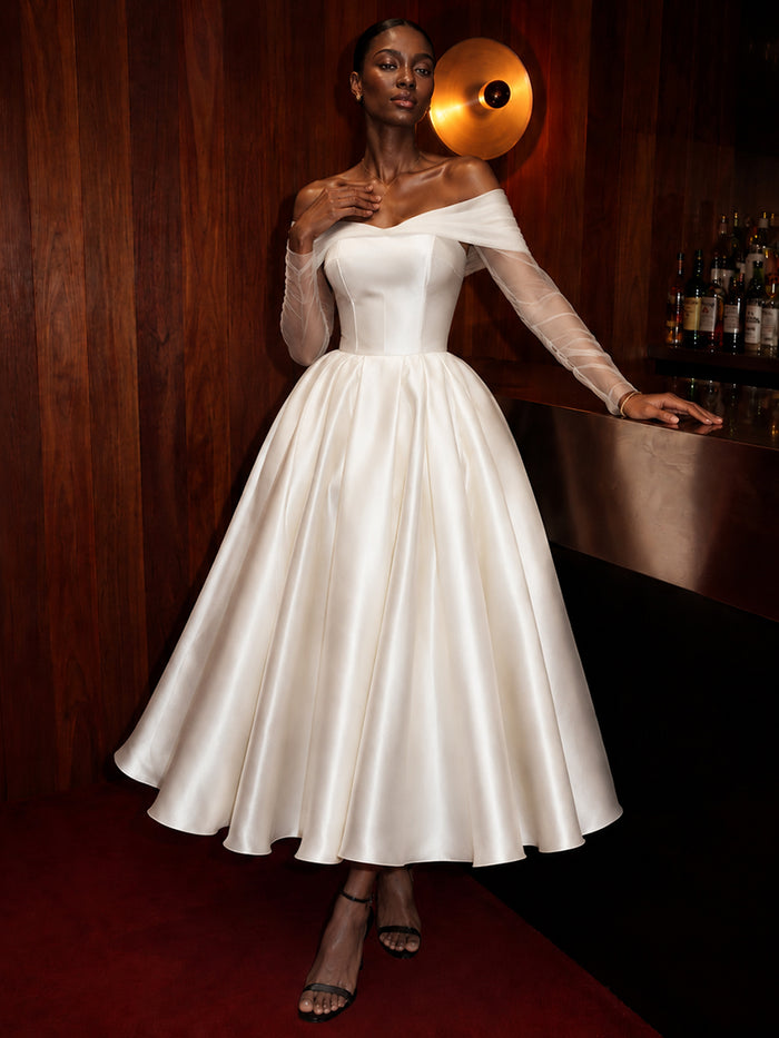 Satin A-Line Off Shoulder Cocktail Dresses with Corset Bodice