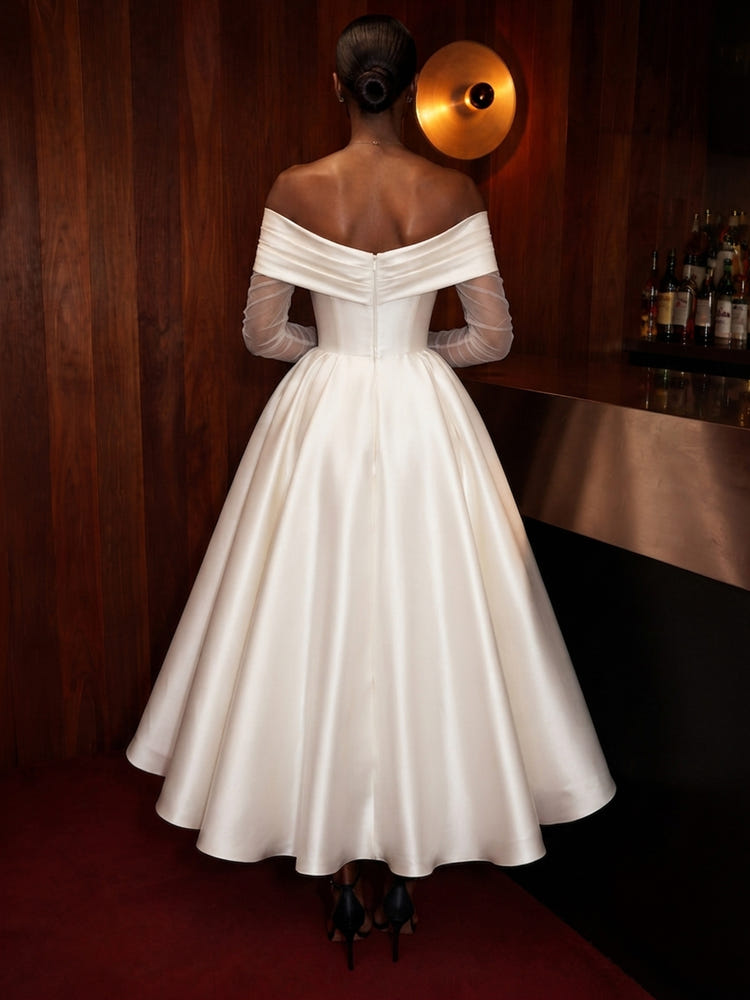 Satin A-Line Off Shoulder Cocktail Dresses with Corset Bodice
