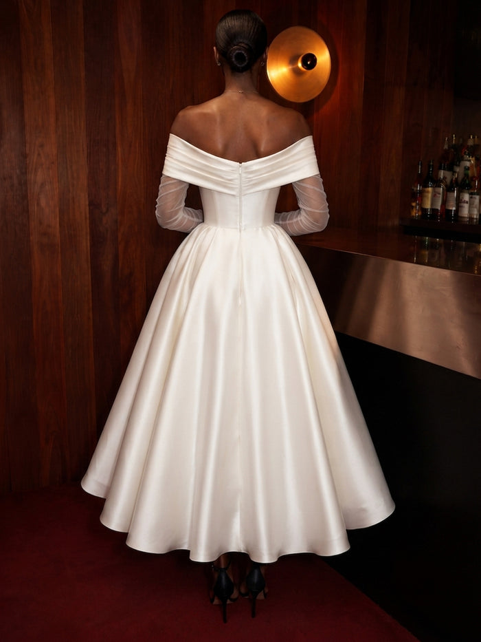 Satin A-Line Off Shoulder Cocktail Dresses with Corset Bodice