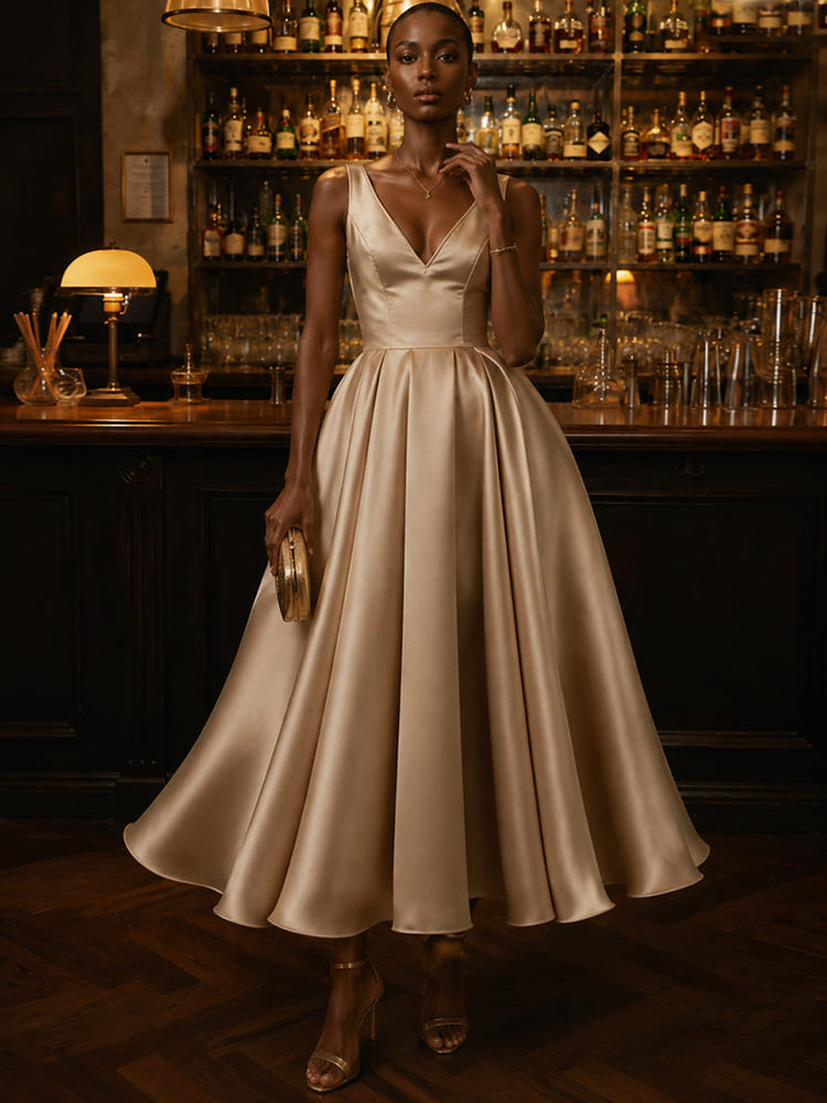 Satin A-Line V Neck Cocktail Dresses with Pleated