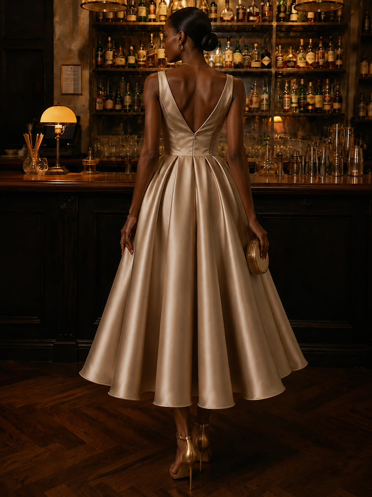 Satin A-Line V Neck Cocktail Dresses with Pleated