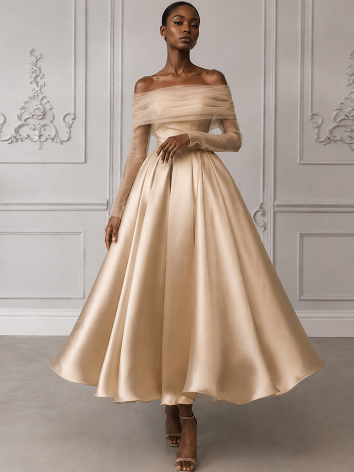 Satin A-Line Off Shoulder Cocktail Dresses with Delicate Sheer Tulle Long Sleeves
