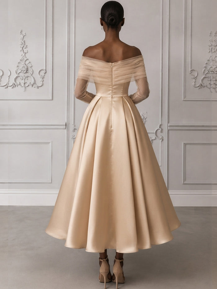 Satin A-Line Off Shoulder Cocktail Dresses with Delicate Sheer Tulle Long Sleeves