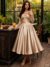 Satin A-Line V Neck Cocktail Dresses with Tulle Crossover Bow Bust Detail