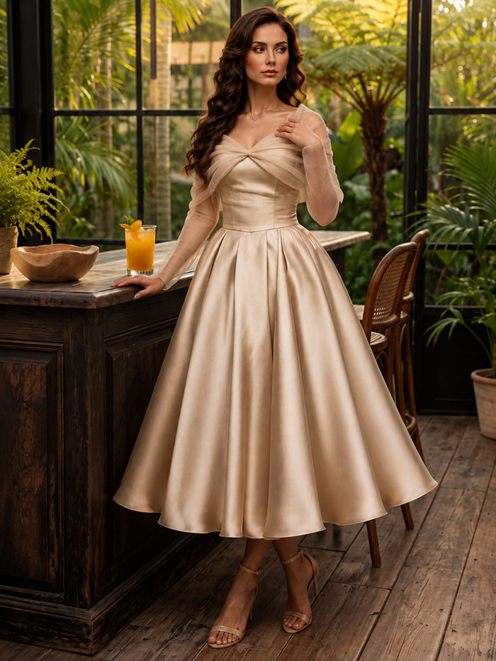Satin A-Line V Neck Cocktail Dresses with Tulle Crossover Bow Bust Detail