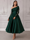 Satin A-Line One Shoulder Cocktail Dresses with Delicate Sheer Tulle Long Sleeves