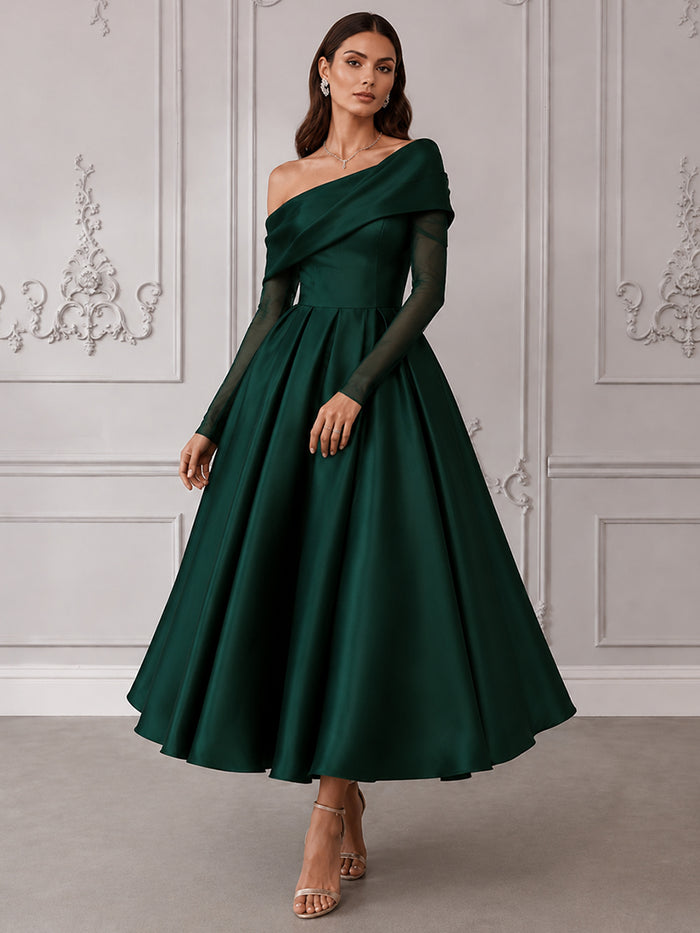 Satin A-Line One Shoulder Cocktail Dresses with Delicate Sheer Tulle Long Sleeves