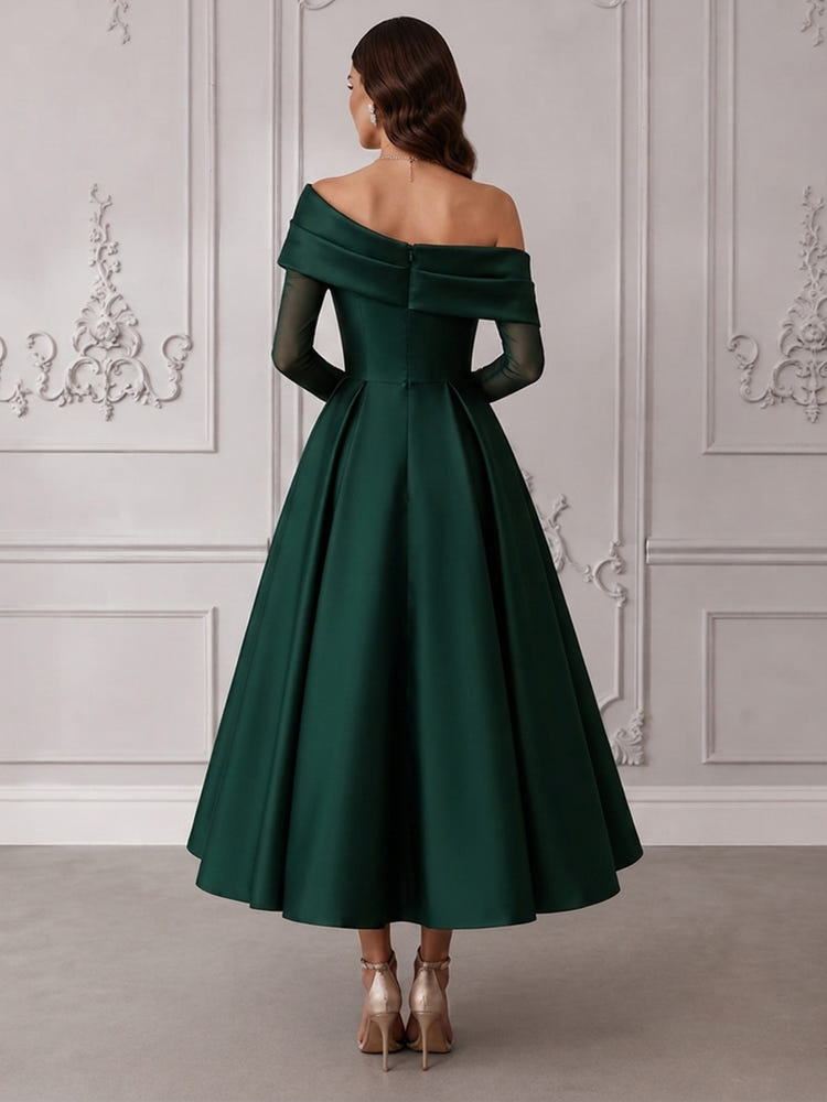 Satin A-Line One Shoulder Cocktail Dresses with Delicate Sheer Tulle Long Sleeves
