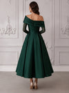 Satin A-Line One Shoulder Cocktail Dresses with Delicate Sheer Tulle Long Sleeves
