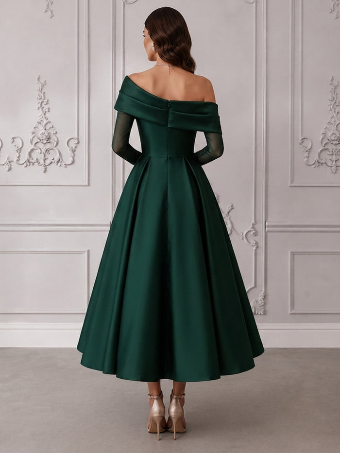 Satin A-Line One Shoulder Cocktail Dresses with Delicate Sheer Tulle Long Sleeves