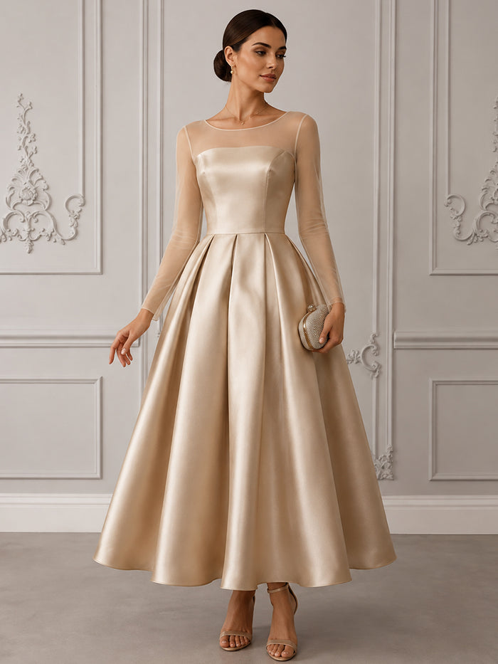 Satin A-Line Crew Neck Cocktail Dresses with Elegant Illusion Bateau Neckline
