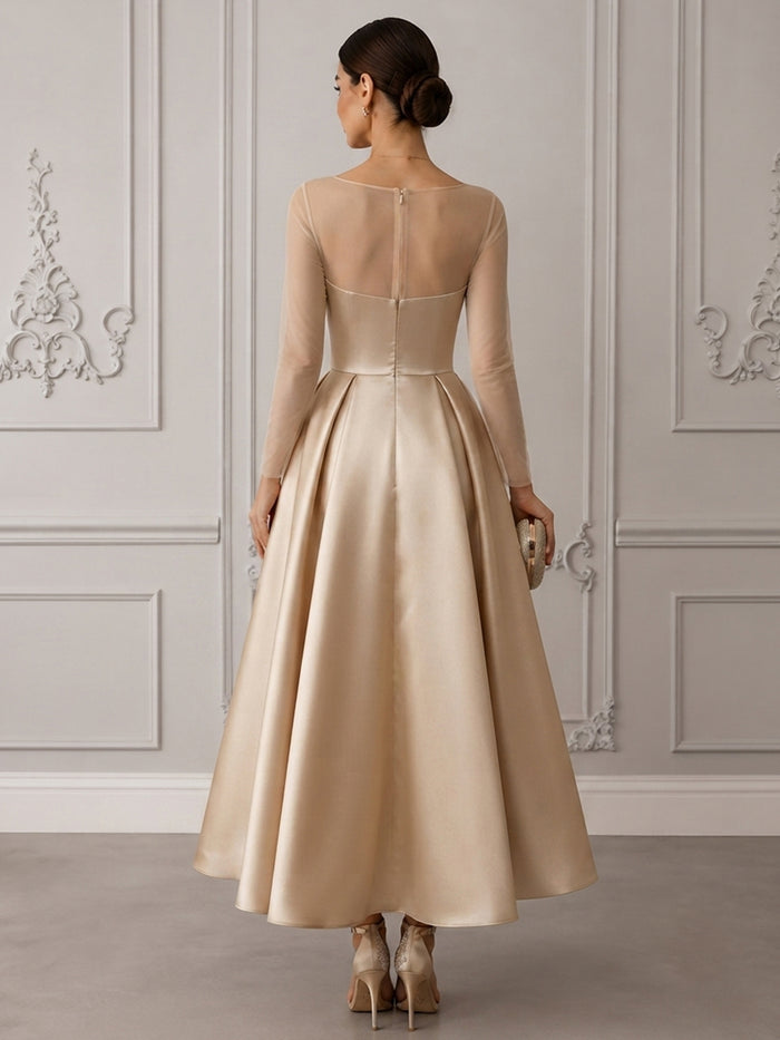 Satin A-Line Crew Neck Cocktail Dresses with Elegant Illusion Bateau Neckline
