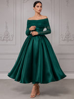 Satin A-Line Off Shoulder Cocktail Dresses with Pleated