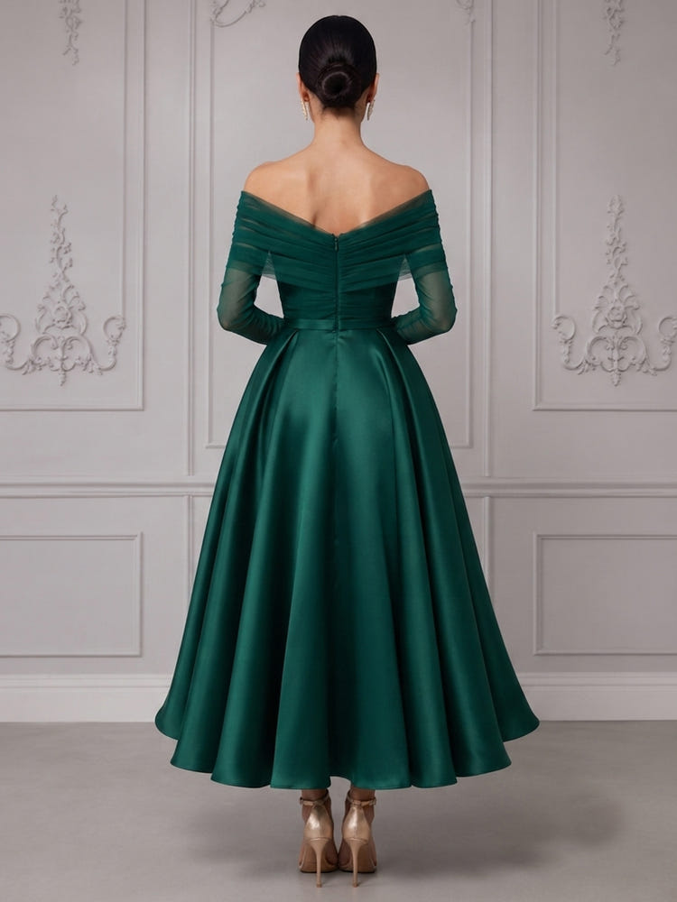 Satin A-Line Off Shoulder Cocktail Dresses with Pleated