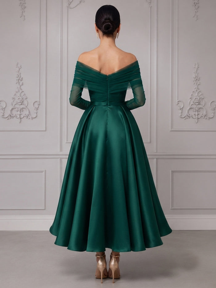 Satin A-Line Off Shoulder Cocktail Dresses with Pleated