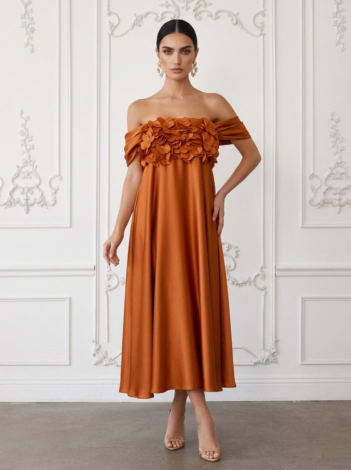 Satin A-Line Off Shoulder Cocktail Dresses with 3D Flowers