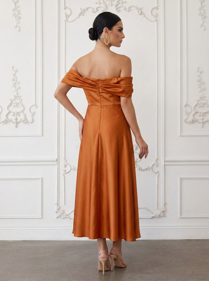 Satin A-Line Off Shoulder Cocktail Dresses with 3D Flowers