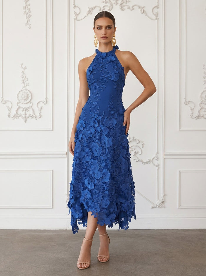 Lace Appliques Sheath Halter Cocktail Dresses with Asymmetrical Hem
