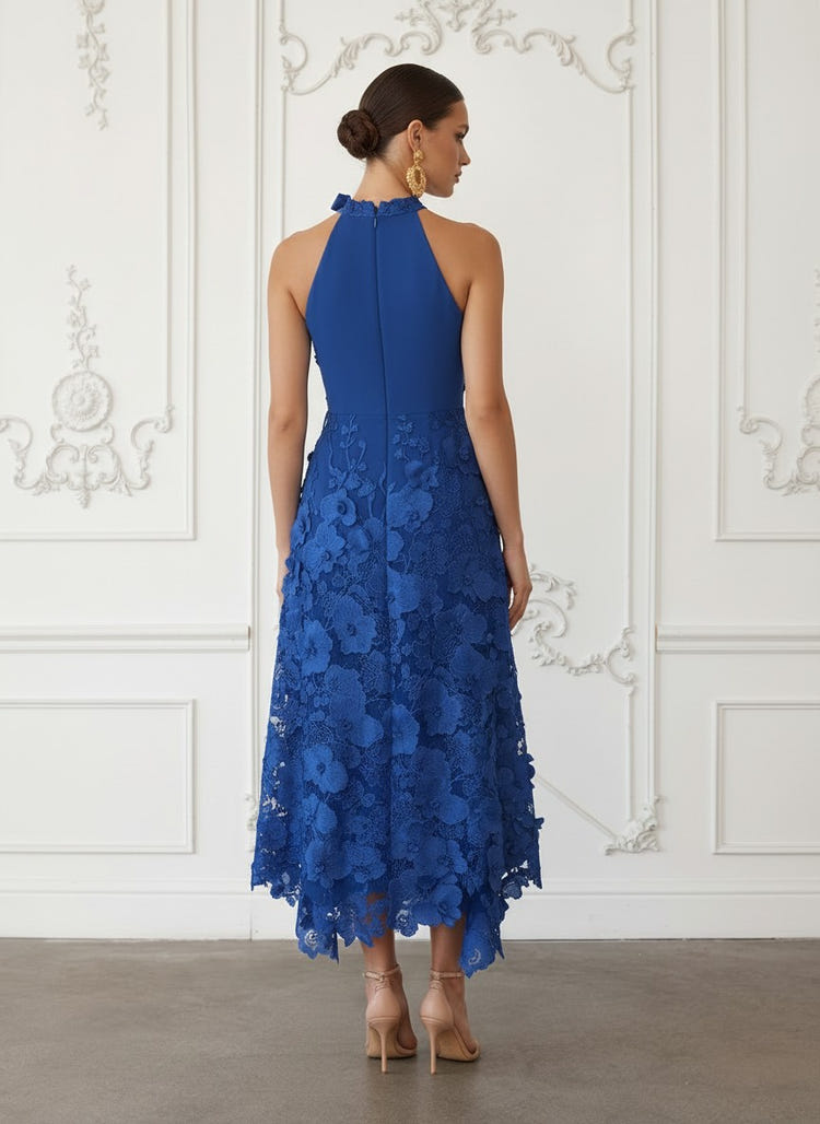 Lace Appliques Sheath Halter Cocktail Dresses with Asymmetrical Hem