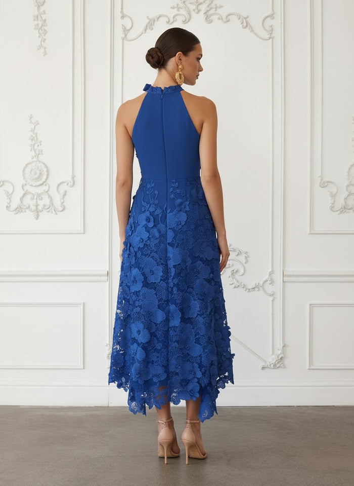 Lace Appliques Sheath Halter Cocktail Dresses with Asymmetrical Hem
