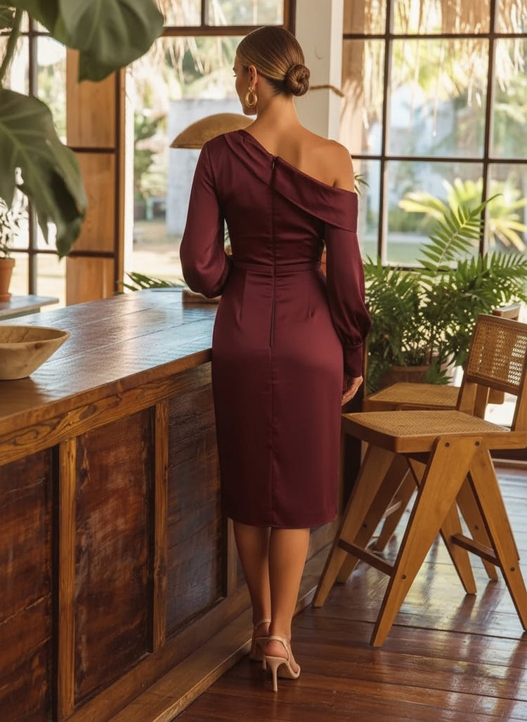 Satin Sheath One Shoulder Cocktail Dresses with Side Waist Ruched Shaping Detail