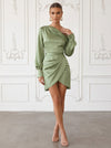 Satin Sheath One Shoulder Cocktail Dresses with Side Waist Ruched Shaping Detail