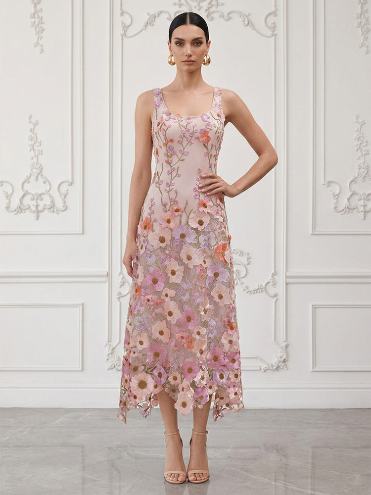 Tulle Sheath U-Neck Cocktail Dresses with 3D Flowers