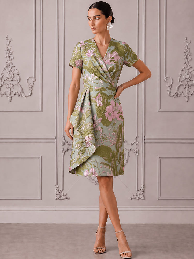 Jacquard A-Line V Neck Cocktail Dresses with Ruffles