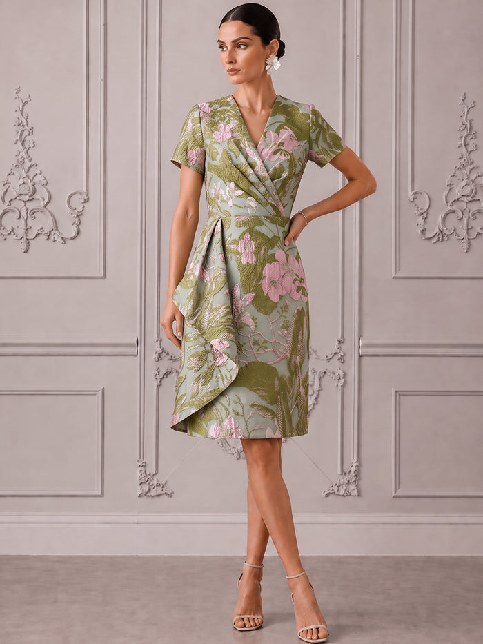 Jacquard A-Line V Neck Cocktail Dresses with Ruffles