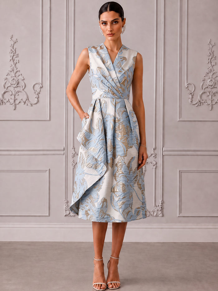 Jacquard A-Line V Neck Cocktail Dresses with Ruffles