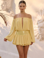 Chiffon A-Line Off Shoulder Cocktail Dresses with Sparkling Sequin Wide Waistband