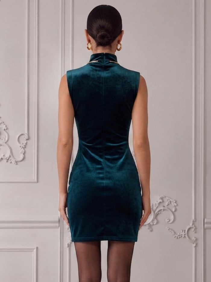 Velvet Bodycon High Neck Cocktail Dresses with Side Waist Ruching