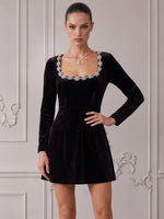 Velvet A-Line Square Neck Cocktail Dresses with Floral Rhinestone Trim