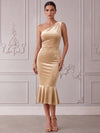Velvet Bodycon One Shoulder Cocktail Dresses with Classic Mermaid Flared Hem