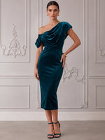 Velvet Bodycon One Shoulder Cocktail Dresses with Elegant Folded Ruched Detail