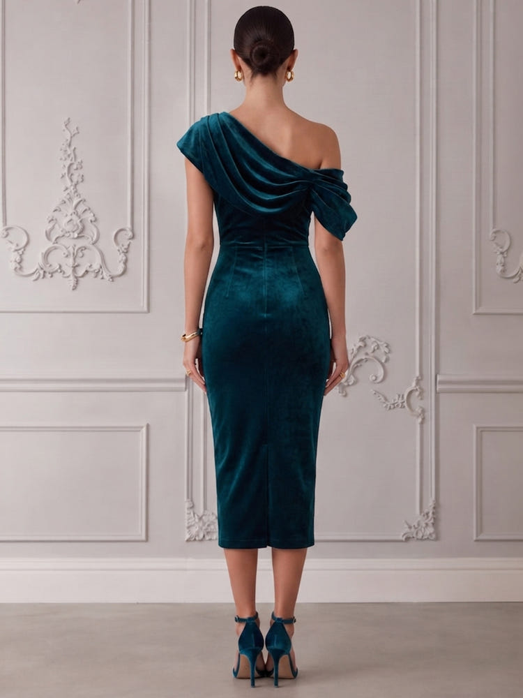 Velvet Bodycon One Shoulder Cocktail Dresses with Elegant Folded Ruched Detail