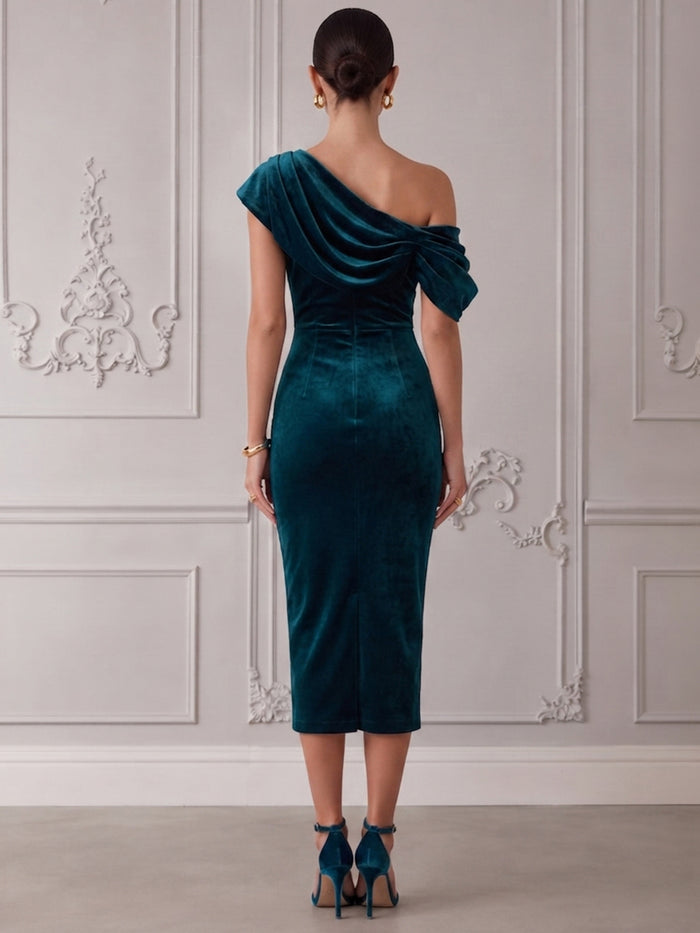 Velvet Bodycon One Shoulder Cocktail Dresses with Elegant Folded Ruched Detail
