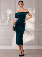 Velvet Bodycon Off Shoulder Cocktail Dresses with Elegant Folded Ruched Detail