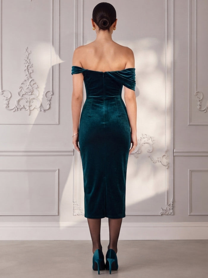 Velvet Bodycon Off Shoulder Cocktail Dresses with Elegant Folded Ruched Detail
