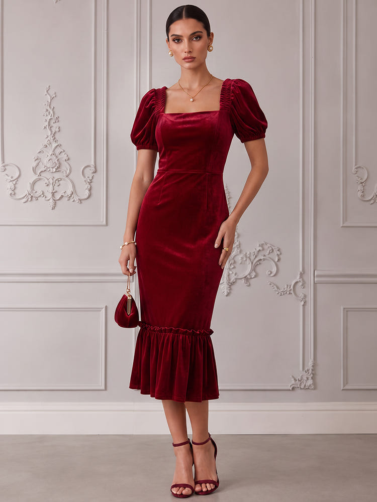 Velvet Sheath Square Neck Cocktail Dresses with Classic Mermaid Flared Hem