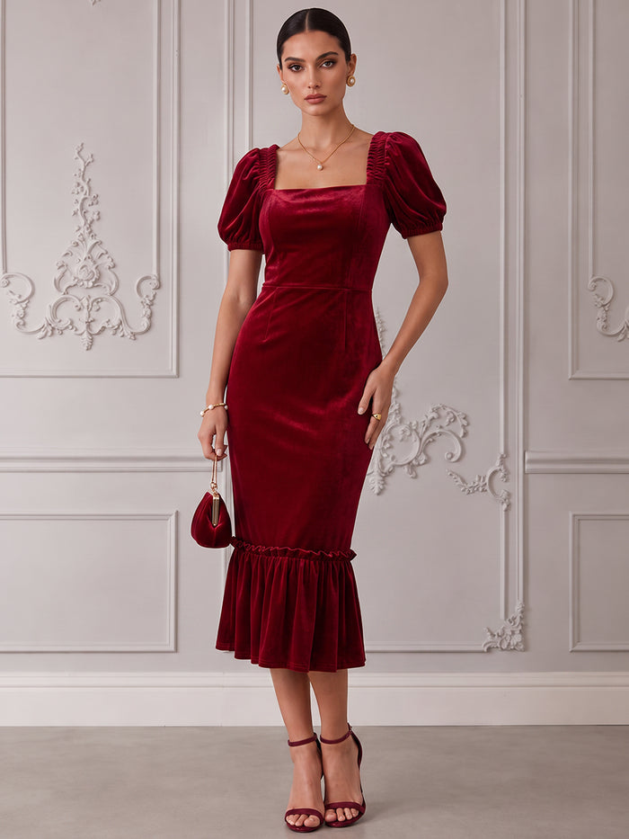 Velvet Sheath Square Neck Cocktail Dresses with Classic Mermaid Flared Hem