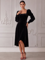 Velvet A-Line Square Neck Cocktail Dresses with Romantic Balloon Puff Long Sleeves