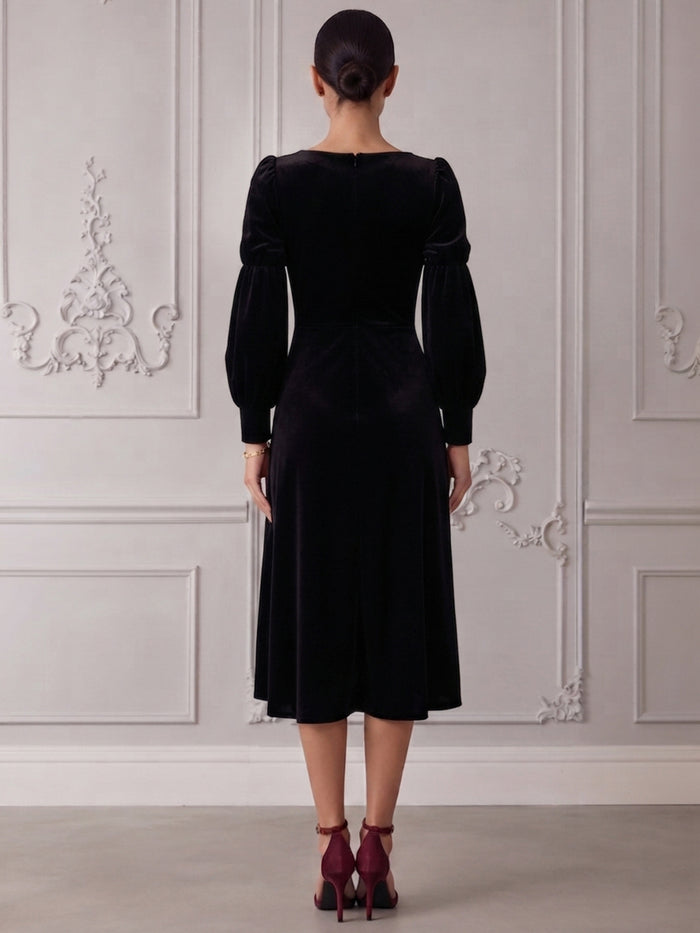 Velvet A-Line Square Neck Cocktail Dresses with Romantic Balloon Puff Long Sleeves