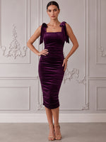 Velvet Bodycon Square Neck Cocktail Dresses with Sweet Self‑Fabric Bow Tie‑Straps