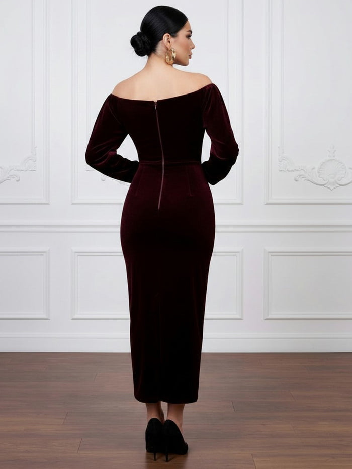 Velvet Bodycon Off Shoulder Cocktail Dresses with Exquisite Chest Ruched Pleat Detail