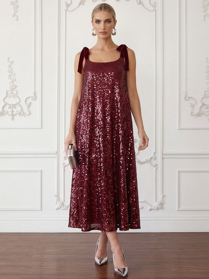 Sequin A-Line Square Neck Cocktail Dresses with Velvet Bow Tie Shoulder Straps