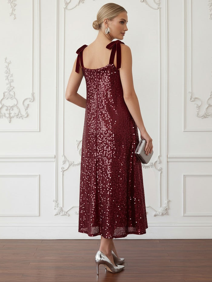 Sequin A-Line Square Neck Cocktail Dresses with Velvet Bow Tie Shoulder Straps