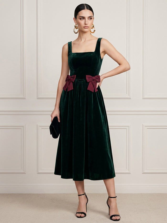 Velvet A-Line Square Neck Cocktail Dresses with Contrast Burgundy Bows At Waist Sides